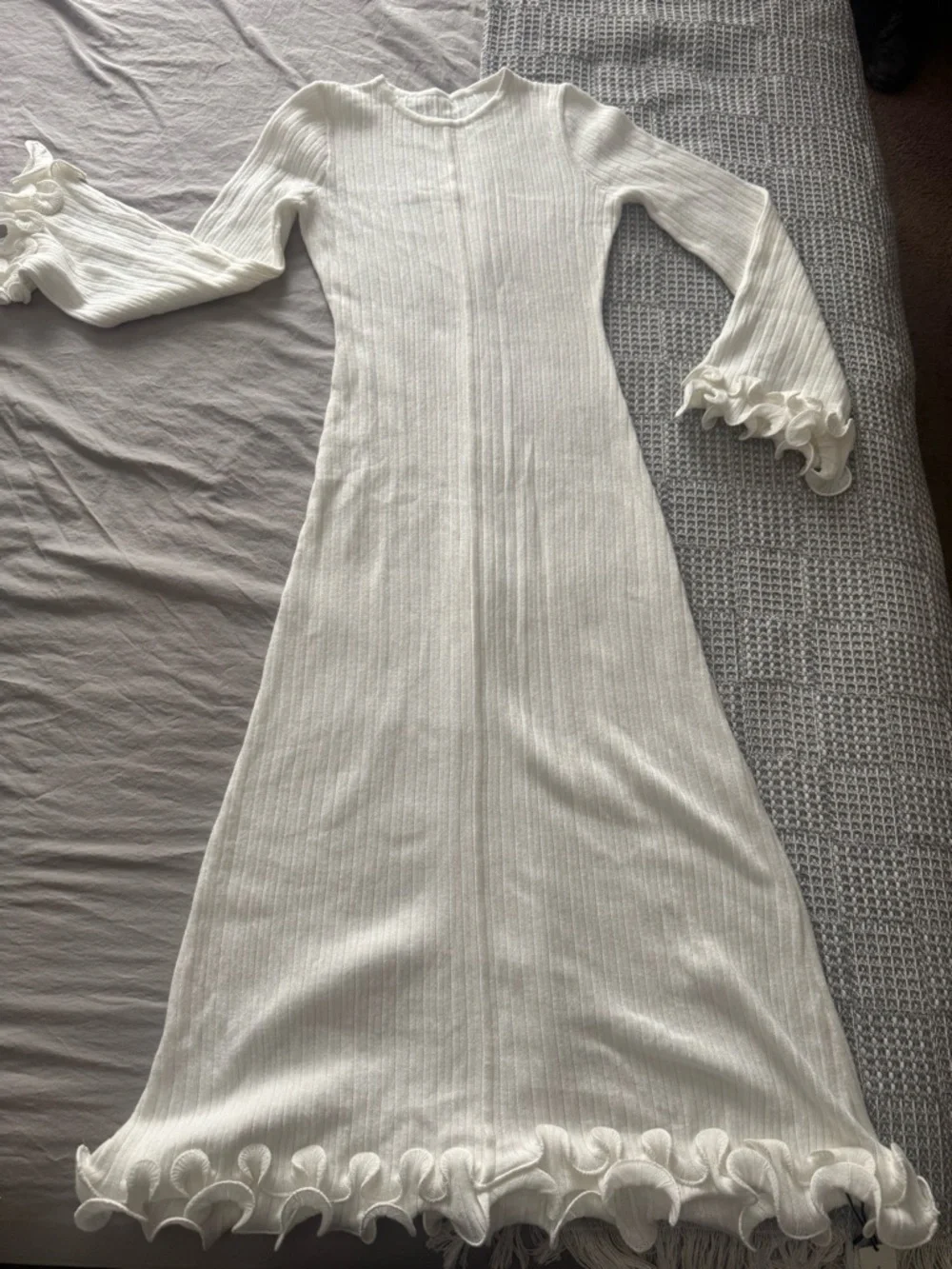 Commense Semi-Sheer Piping Ruffle Drawstring Knit Dress - Picture 2 of 5